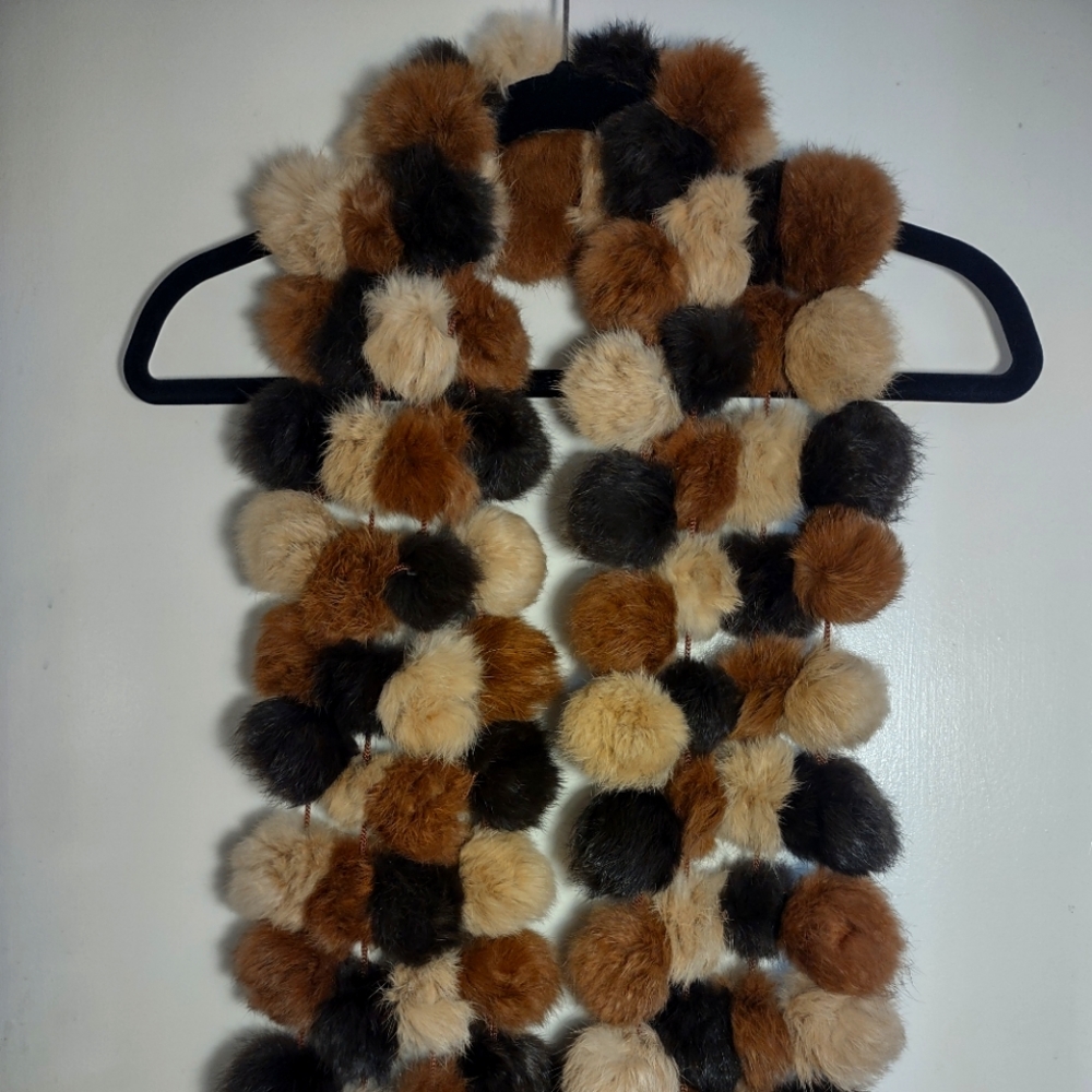 Vintage Rabbit Fur Pom Pom Scarf New